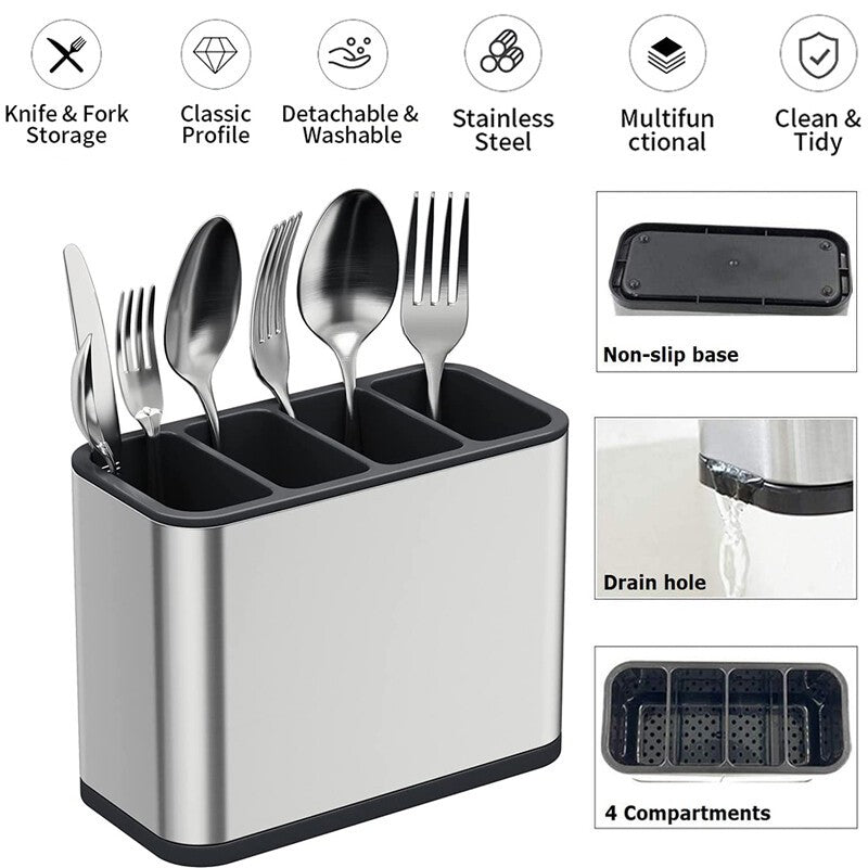 Organizator Tacâmuri Premium din Oțel Inoxidabil – 4 Compartimente pentru Bucătărie
