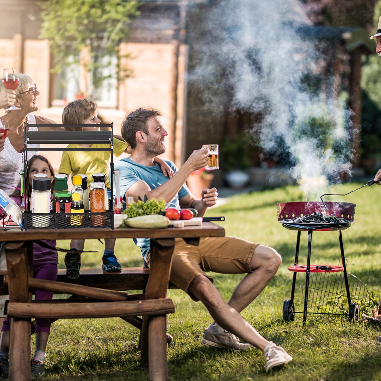 Suport metalic pentru ustensile grătar – organizator BBQ cu suport pentru prosoape de hârtie