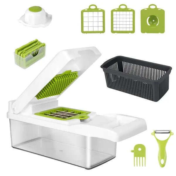 Tocător legume 12 în 1 cu recipient – feliator multifuncțional bucătărie