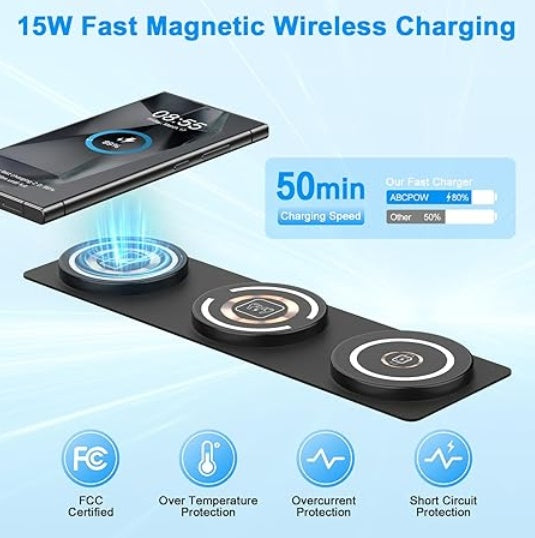 Încărcător wireless 3-în-1 pentru telefon, ceas și căști