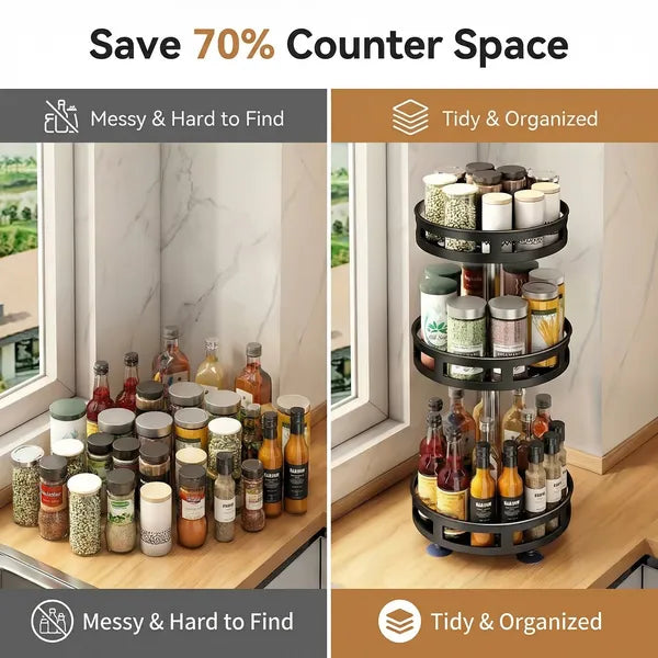 Organizator rotativ pentru condimente cu 3 niveluri – suport metalic 360° pentru bucătărie