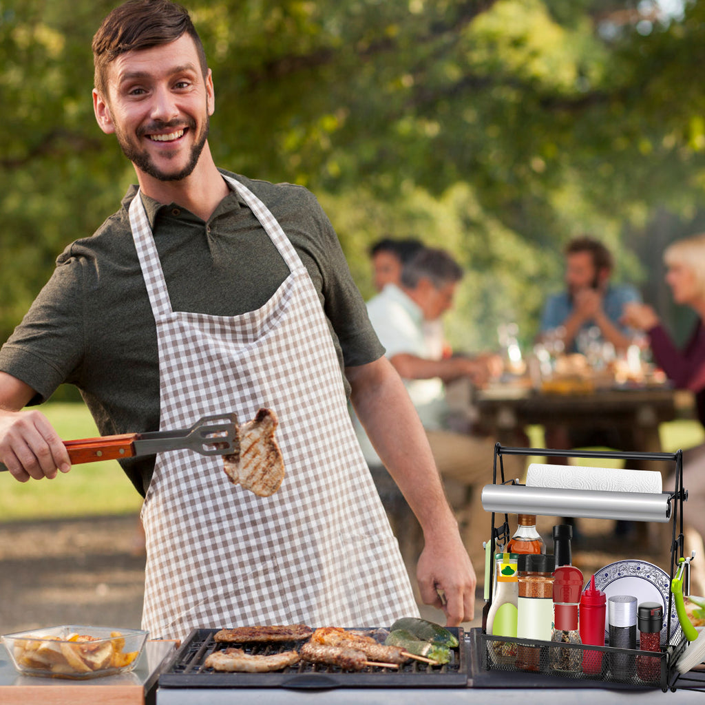 Suport metalic pentru ustensile grătar – organizator BBQ cu suport pentru prosoape de hârtie