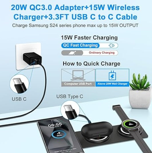 Încărcător wireless 3-în-1 pentru telefon, ceas și căști