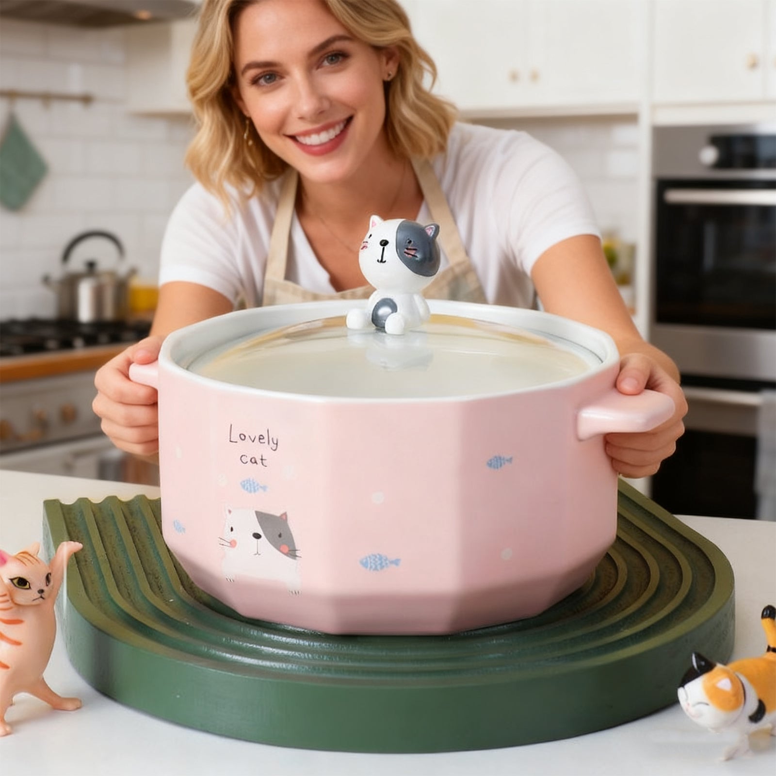 Bol pentru tăiței în formă de pisică 850 ml – Bol ceramic kawaii pentru ramen și supă