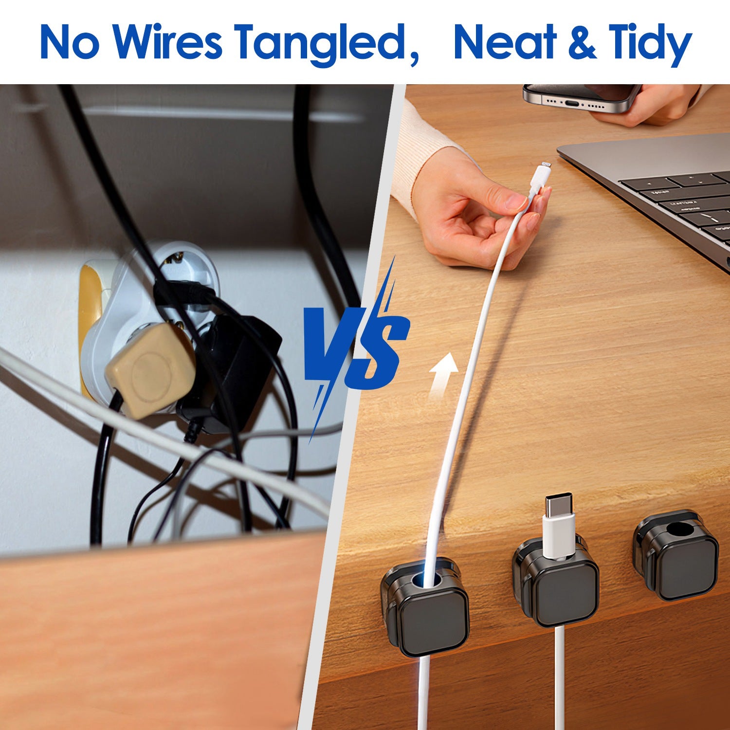 Organizator magnetic pentru cabluri – Set 6 cleme adezive pentru birou, mașină și noptieră