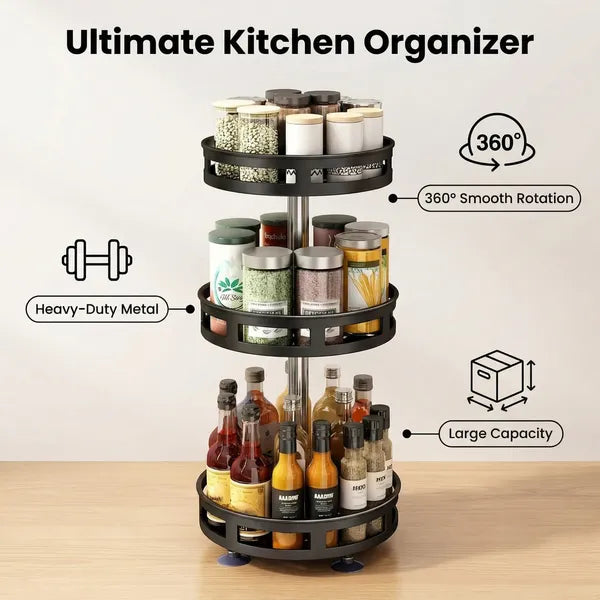 Organizator rotativ pentru condimente cu 3 niveluri – suport metalic 360° pentru bucătărie