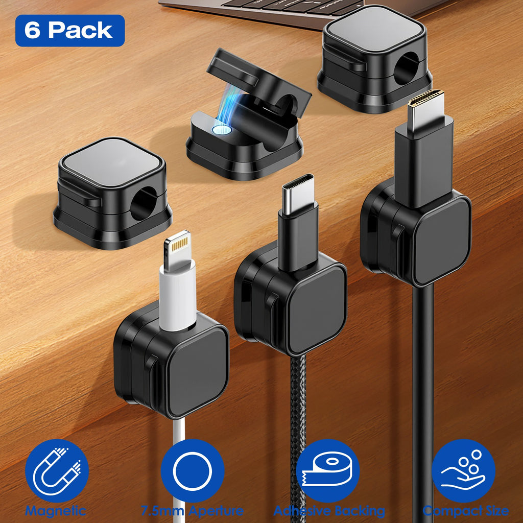 Organizator magnetic pentru cabluri – Set 6 cleme adezive pentru birou, mașină și noptieră