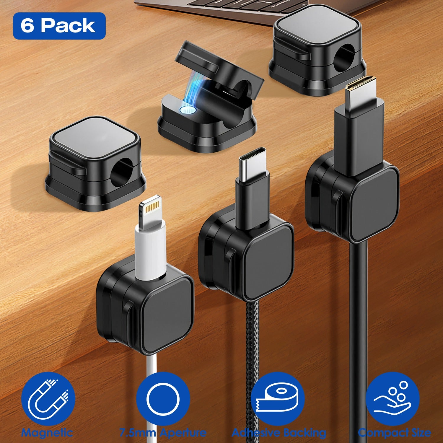 Organizator magnetic pentru cabluri – Set 6 cleme adezive pentru birou, mașină și noptieră