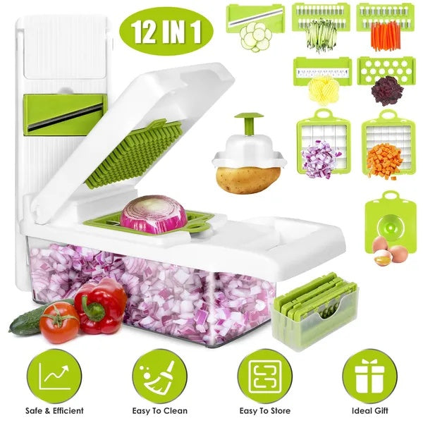 Tocător legume 12 în 1 cu recipient – feliator multifuncțional bucătărie